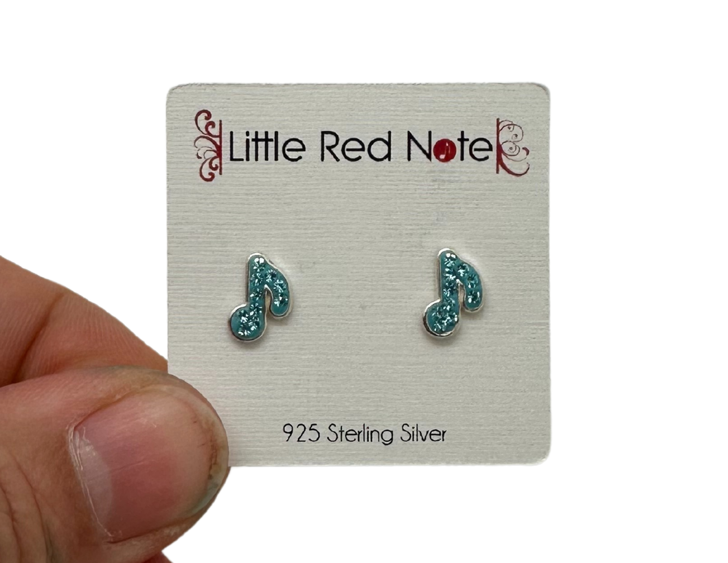 925 Sterling Silver CZ Eighth Note Blue Earrings