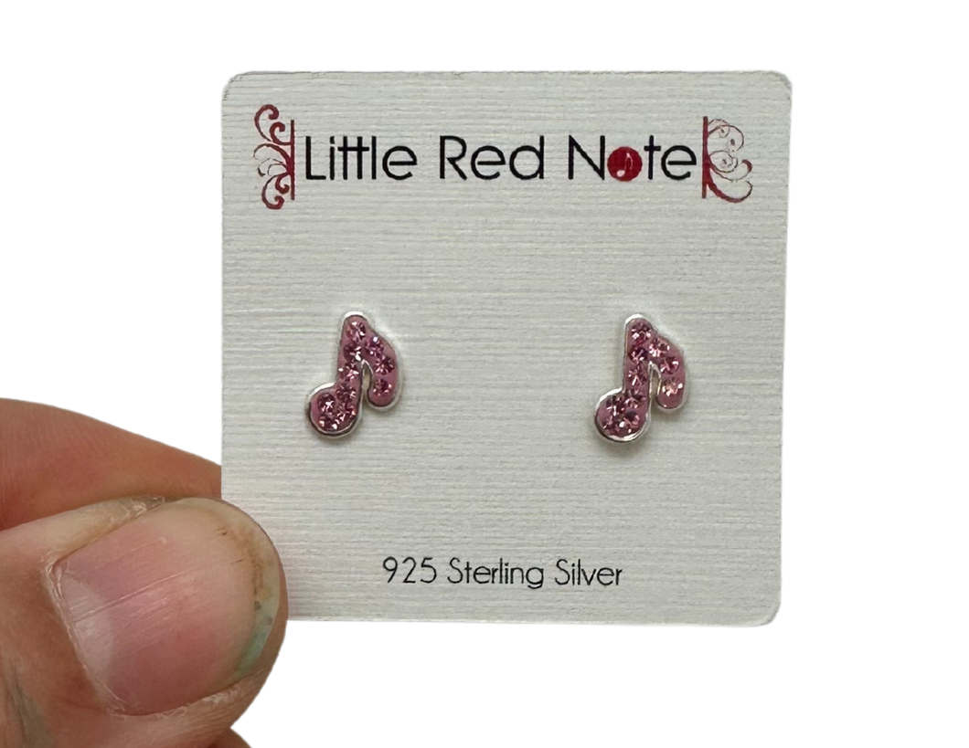 925 Sterling Silver CZ Eighth Note Pink Earrings