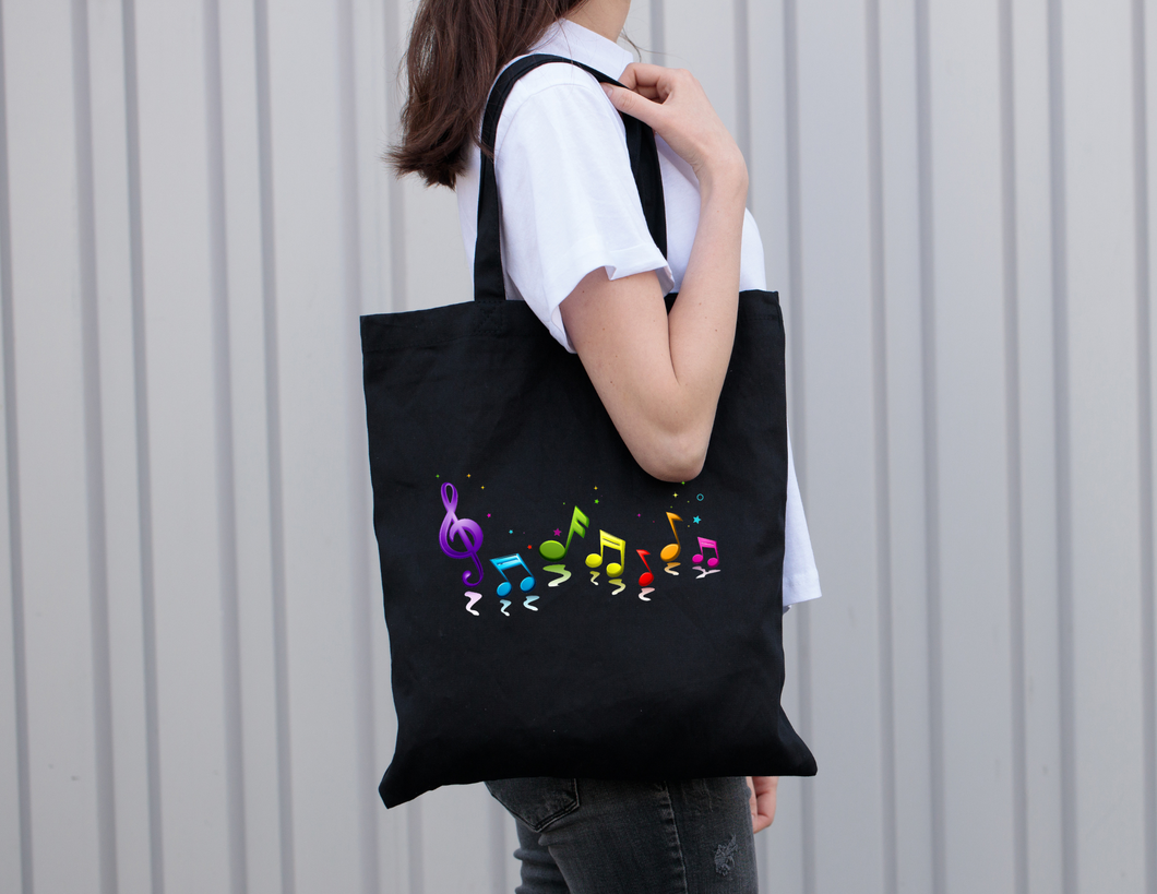 Rainbow Music Notes Black Music Tote Bag