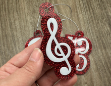 Load image into Gallery viewer, Clefs Layered Ornament - Red Glitter
