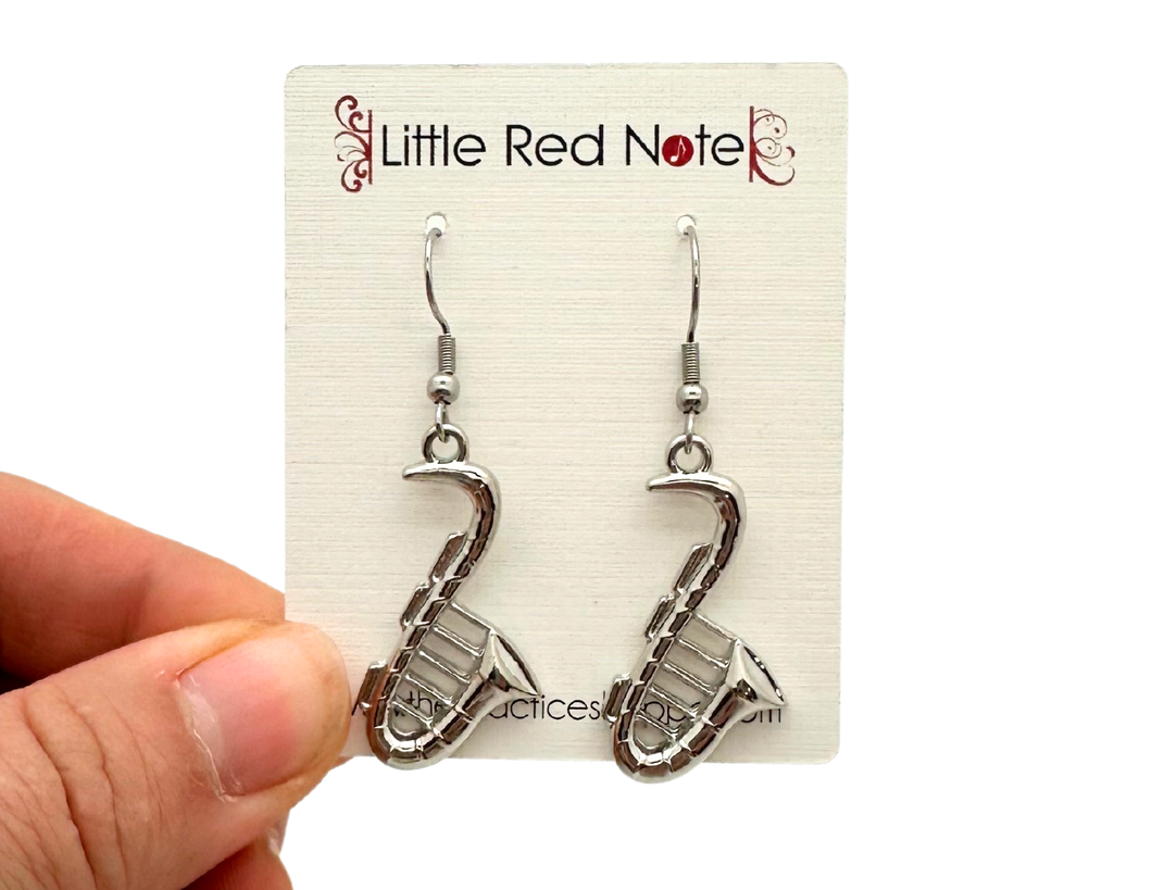 Dangle Fish Hook Saxophone Earrings Silver