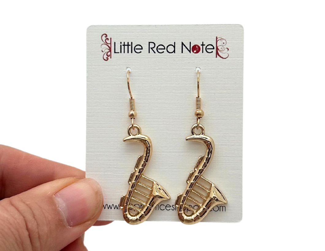 Dangle Fish Hook Saxophone Earrings Gold