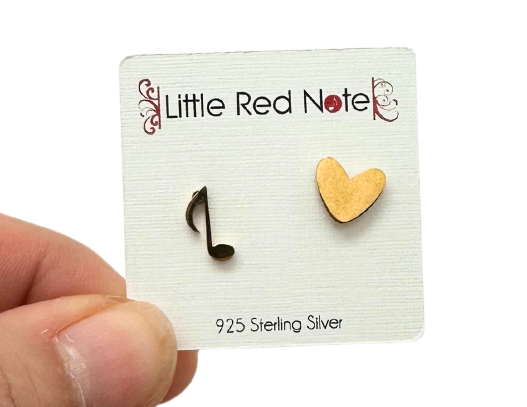 925 Sterling Silver Eighth Note and Heart Post Earrings Silver