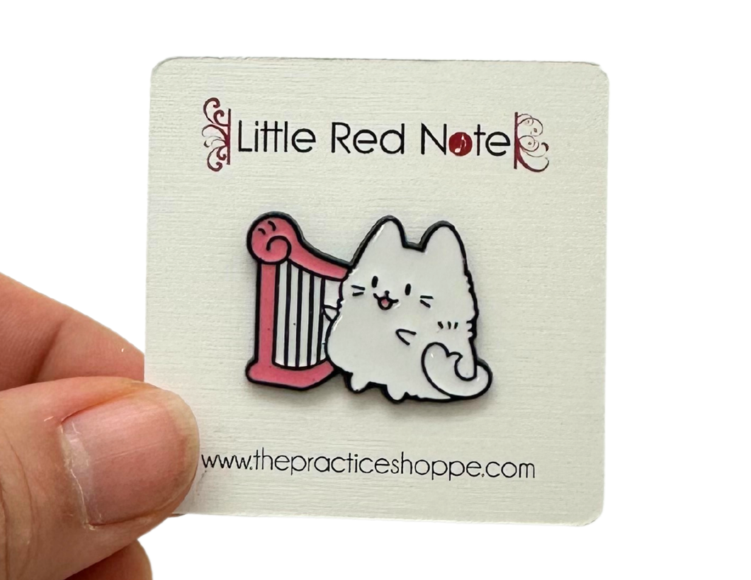 White Cat Harp Enamel Pin