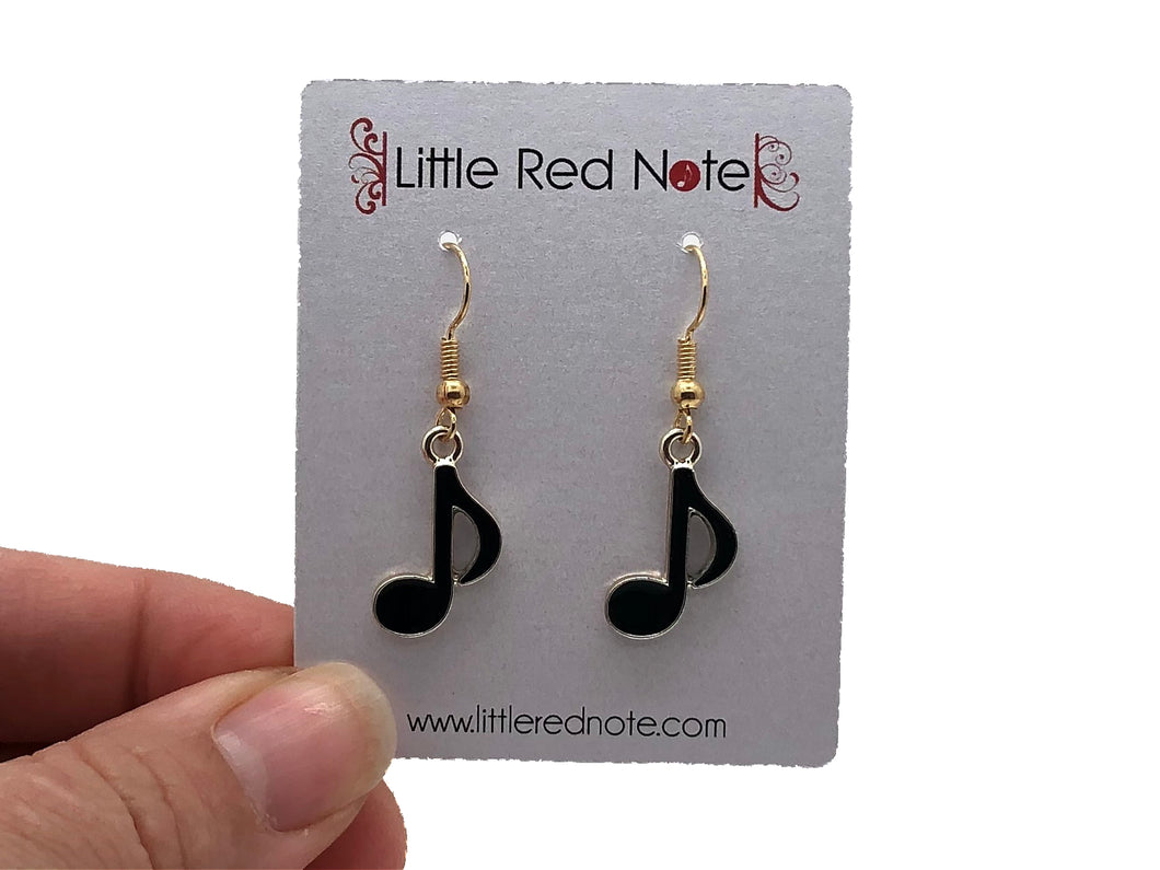 Dangle Fish Hook Black Eighth Note Gold Earrings