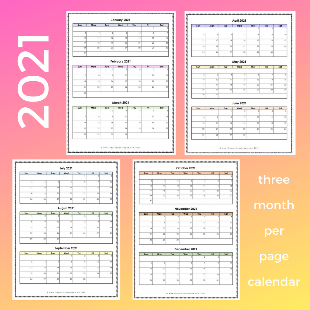 2021 Three Months per Page Calendar (Digital Download)