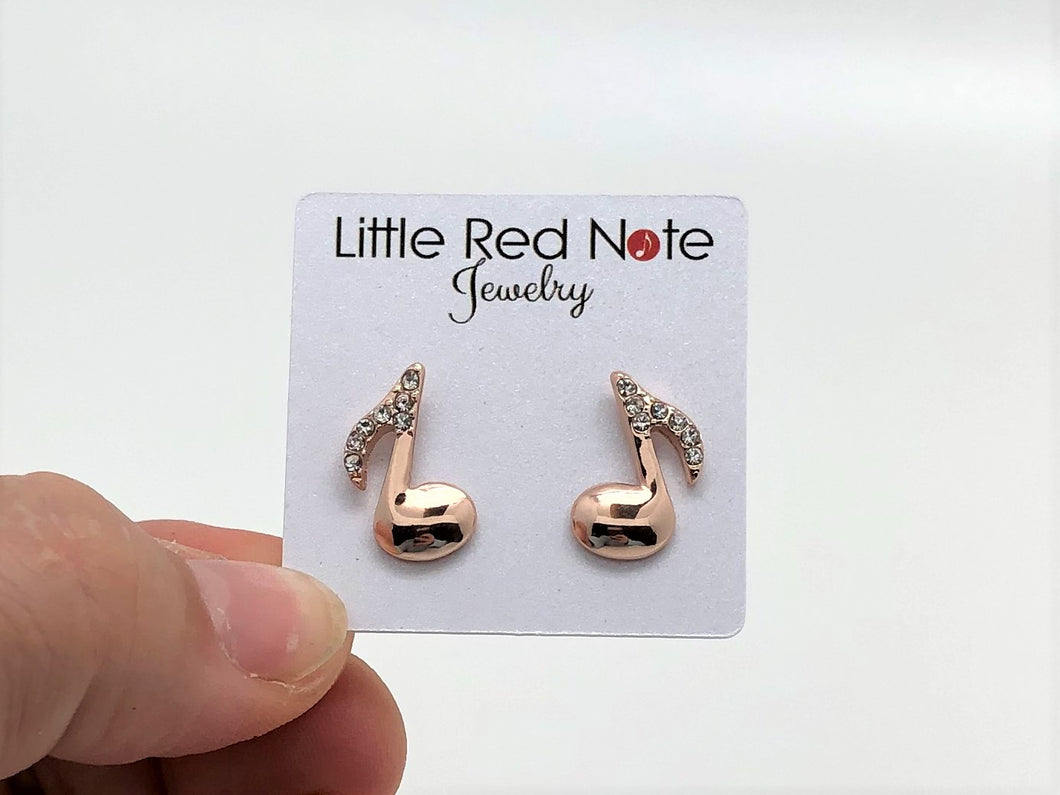 Stud Earrings Eighth Note Rhinestone Rose Gold