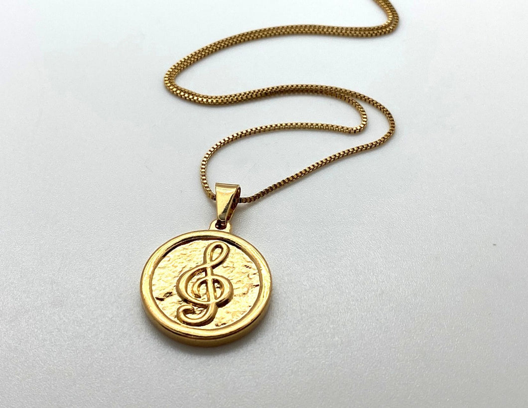 Stainless Steel Treble Clef Coin Pendant Necklace - Gold