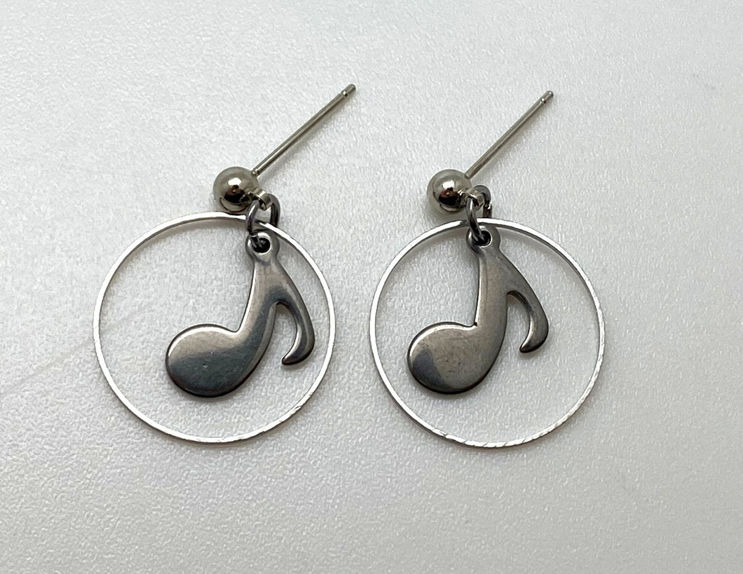 Dangle Stainless Steel Circle Eighth Note Post Earrings