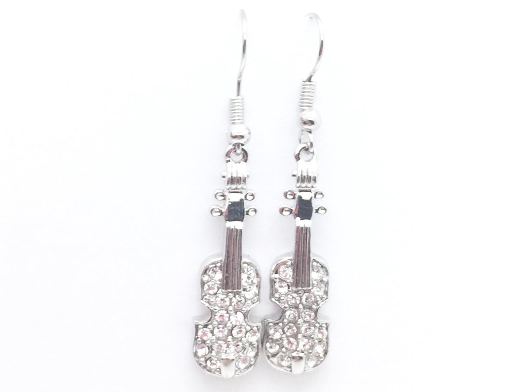 Dangle L Fish Hook Violin Rhinestone Earrings - Silver