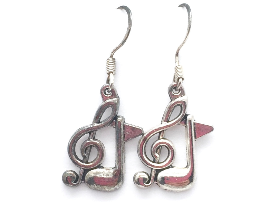 Dangle Fish Hook Treble Clef Eighth Note Earrings Silver